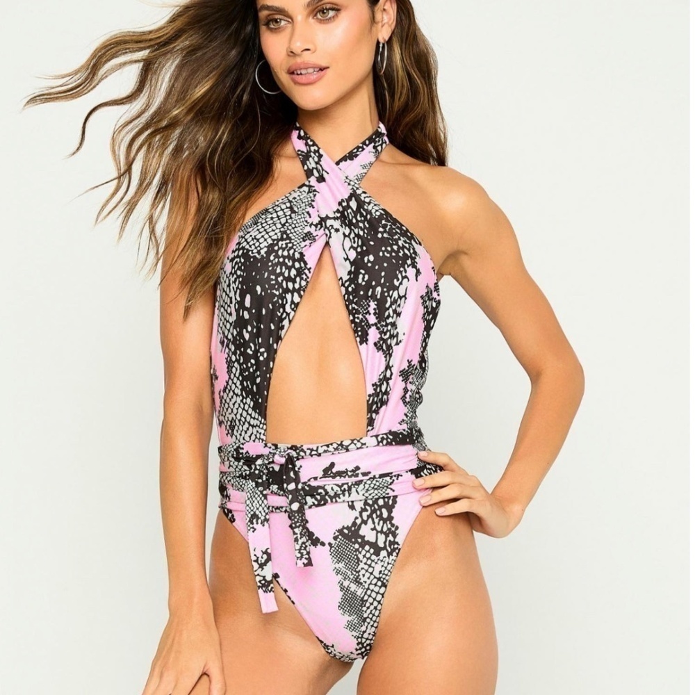 Rare Beach Bunny Reese Tie Front One Piece in Pink Snake Size Small